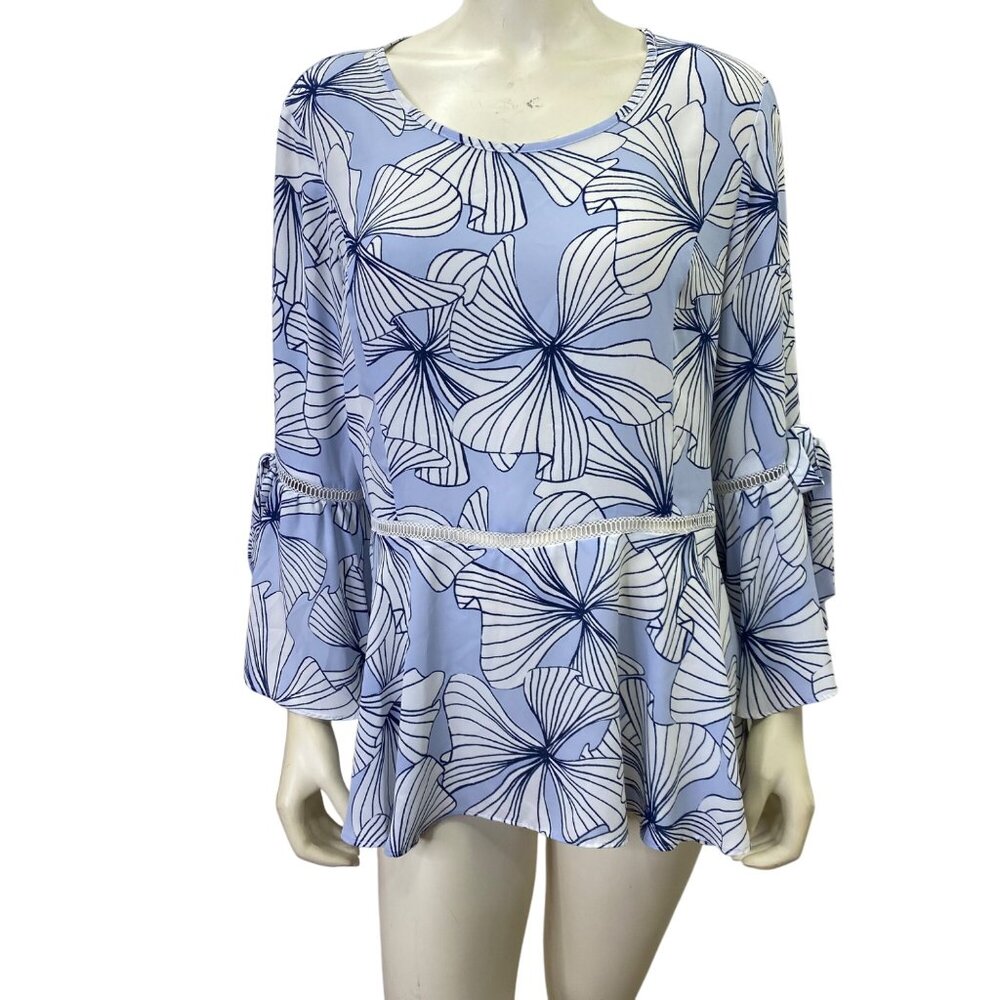 Ivanka Trump Floral Print Bell Sleeve Peplum Top Lg